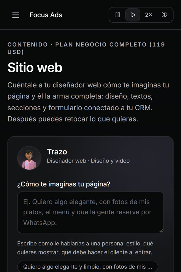 Pantalla de Focus Ads: Tu sitio web