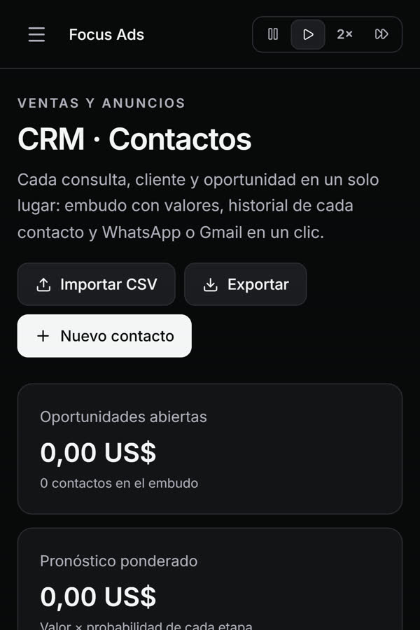Pantalla de Focus Ads: Clientes, WhatsApp y correo