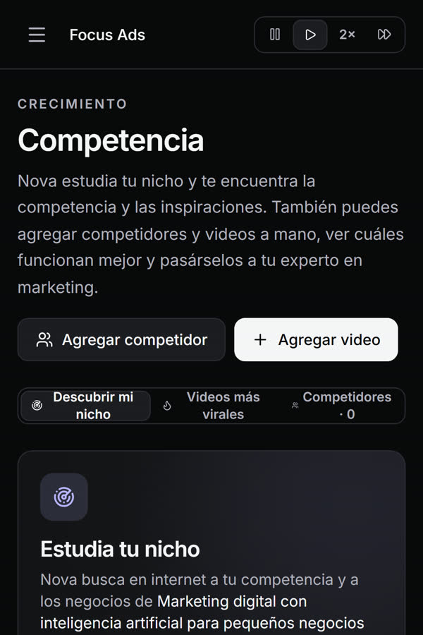 Pantalla de Focus Ads: Estudio de tu competencia